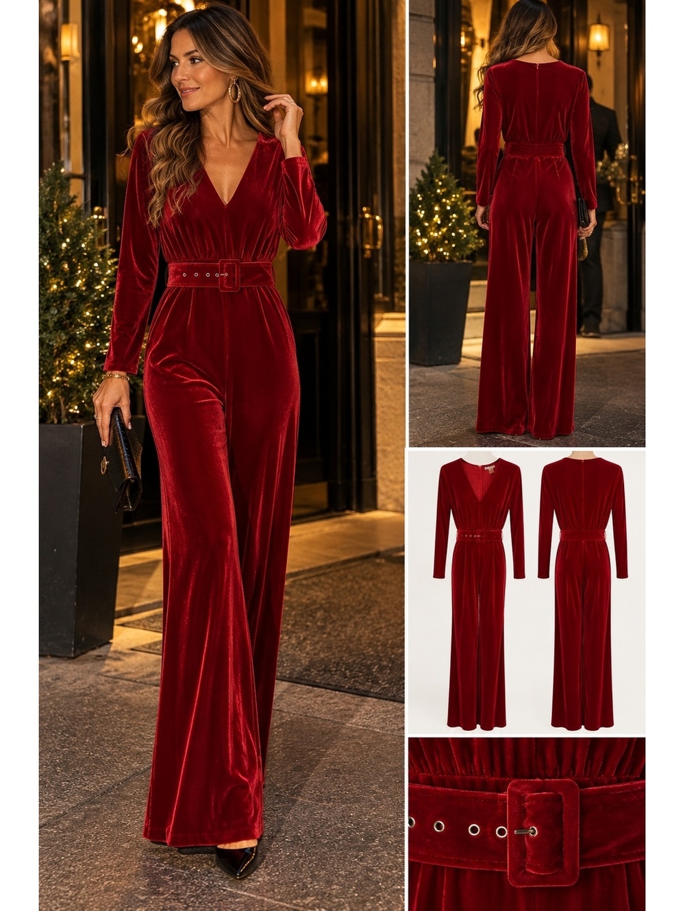 Flying Tomato Red Velvet Belted Jumpsuit Wide Leg Hollywood Glam Evening L